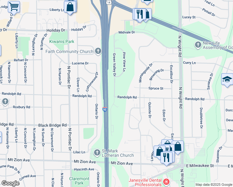 map of restaurants, bars, coffee shops, grocery stores, and more near 2031 Green Valley Drive in Janesville
