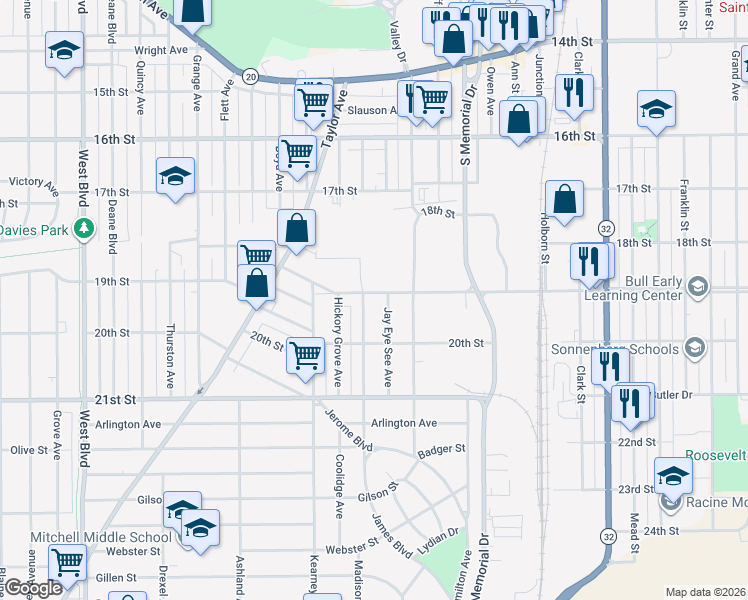 map of restaurants, bars, coffee shops, grocery stores, and more near 2021 De Koven Avenue in Racine