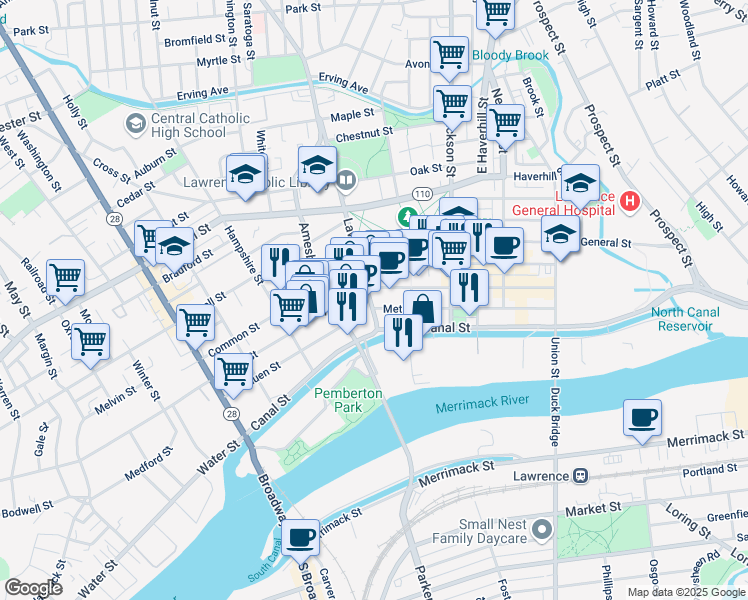 map of restaurants, bars, coffee shops, grocery stores, and more near in Lawrence