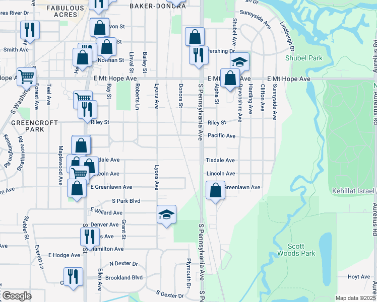 map of restaurants, bars, coffee shops, grocery stores, and more near 912 Edison Avenue in Lansing