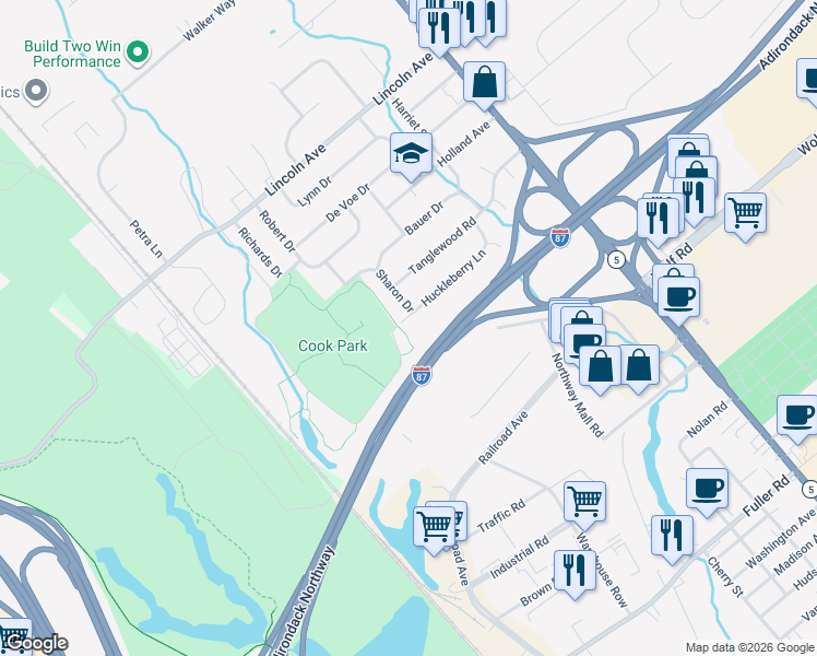 map of restaurants, bars, coffee shops, grocery stores, and more near 29 Huckleberry Lane in Colonie