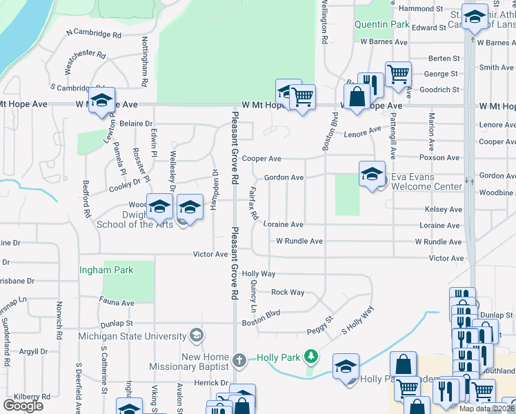 map of restaurants, bars, coffee shops, grocery stores, and more near 2408 Chatham Road in Lansing