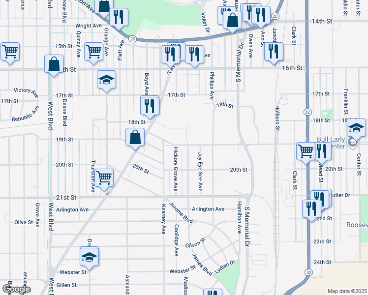map of restaurants, bars, coffee shops, grocery stores, and more near 2021 De Koven Avenue in Racine