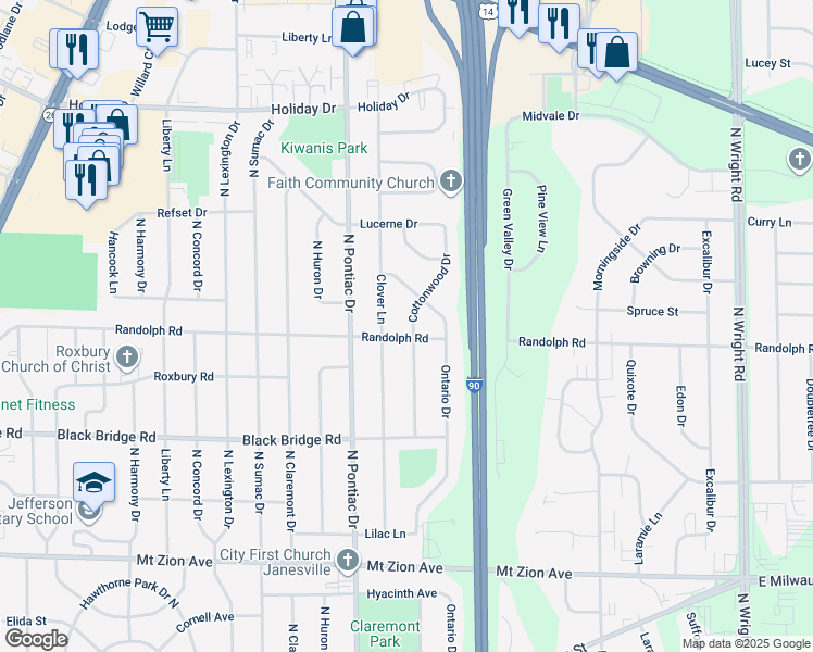 map of restaurants, bars, coffee shops, grocery stores, and more near 2026 Clover Lane in Janesville