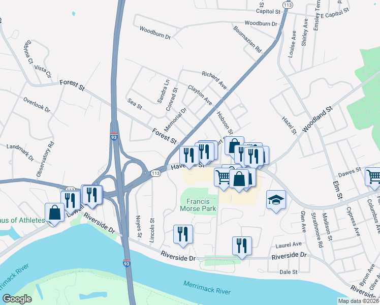 map of restaurants, bars, coffee shops, grocery stores, and more near 15 Forest Street in Methuen