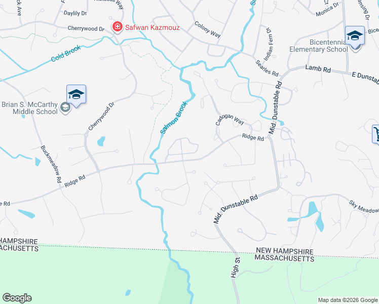 map of restaurants, bars, coffee shops, grocery stores, and more near 138-146 Ridge Road in Nashua