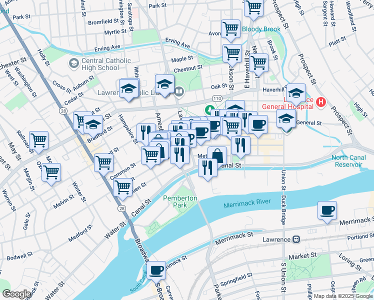 map of restaurants, bars, coffee shops, grocery stores, and more near in Lawrence