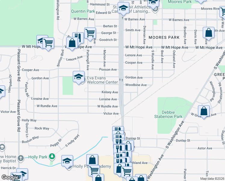 map of restaurants, bars, coffee shops, grocery stores, and more near 1200 Kelsey Avenue in Lansing