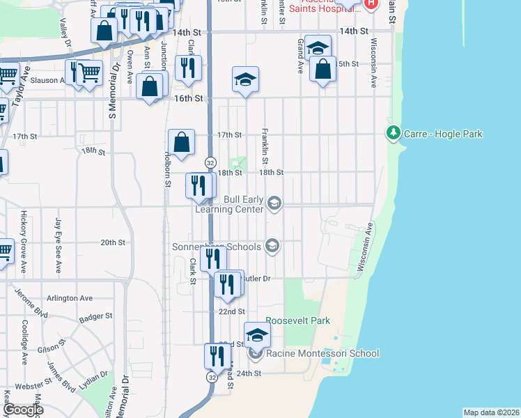 map of restaurants, bars, coffee shops, grocery stores, and more near 1836 Franklin Street in Racine