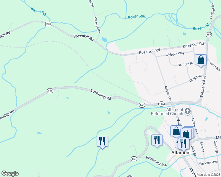 map of restaurants, bars, coffee shops, grocery stores, and more near 386 Township Road in Altamont
