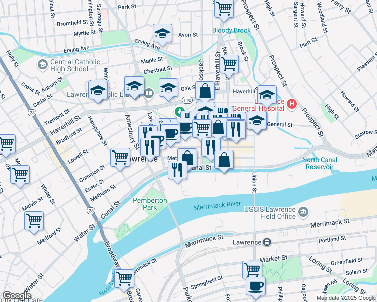 map of restaurants, bars, coffee shops, grocery stores, and more near 225 Essex Street in Lawrence