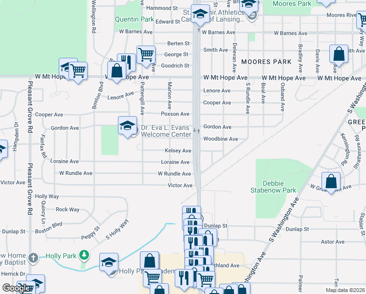 map of restaurants, bars, coffee shops, grocery stores, and more near 1125 Woodbine Avenue in Lansing