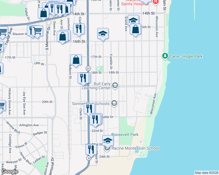 map of restaurants, bars, coffee shops, grocery stores, and more near 1836 Franklin Street in Racine