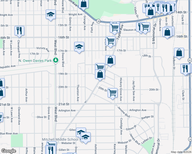 map of restaurants, bars, coffee shops, grocery stores, and more near 2510 19th Street in Racine