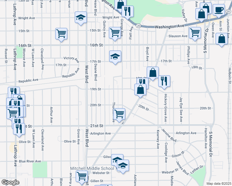 map of restaurants, bars, coffee shops, grocery stores, and more near 1832 Grange Avenue in Racine
