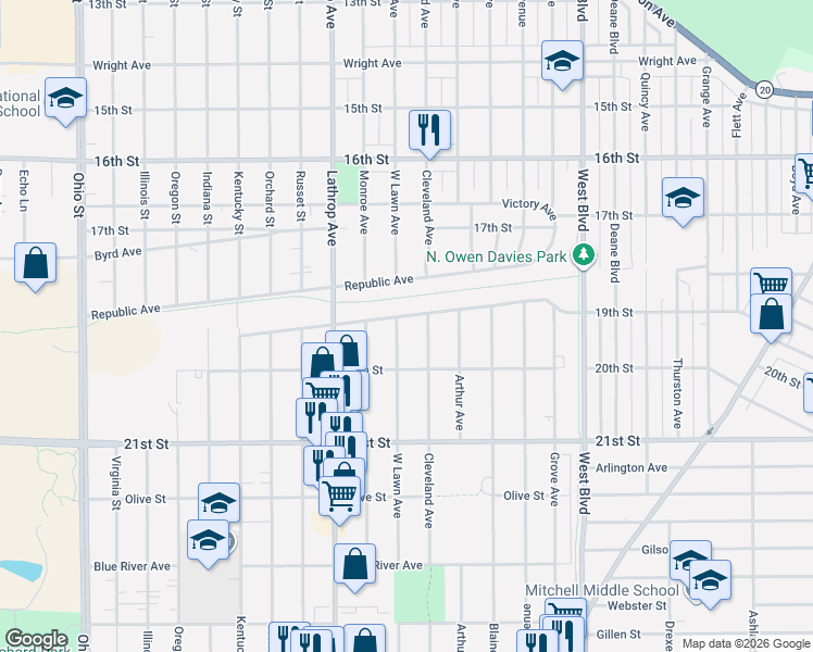 map of restaurants, bars, coffee shops, grocery stores, and more near 1901 West Lawn Avenue in Racine