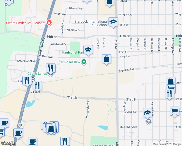 map of restaurants, bars, coffee shops, grocery stores, and more near 1857 Roosevelt Avenue in Racine