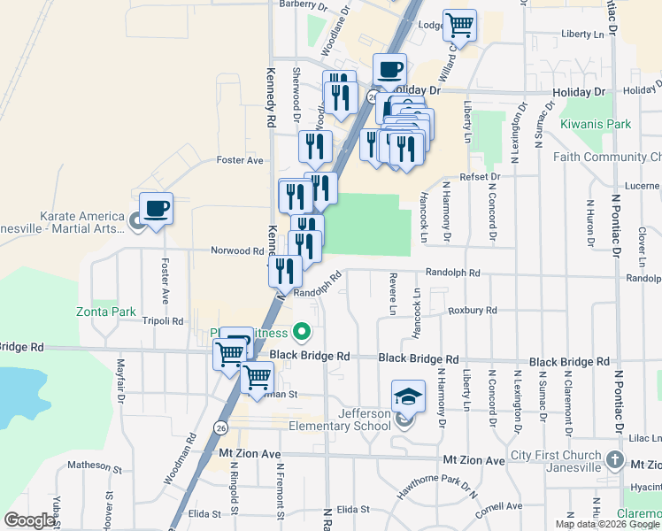 map of restaurants, bars, coffee shops, grocery stores, and more near 1639 Randolph Road in Janesville