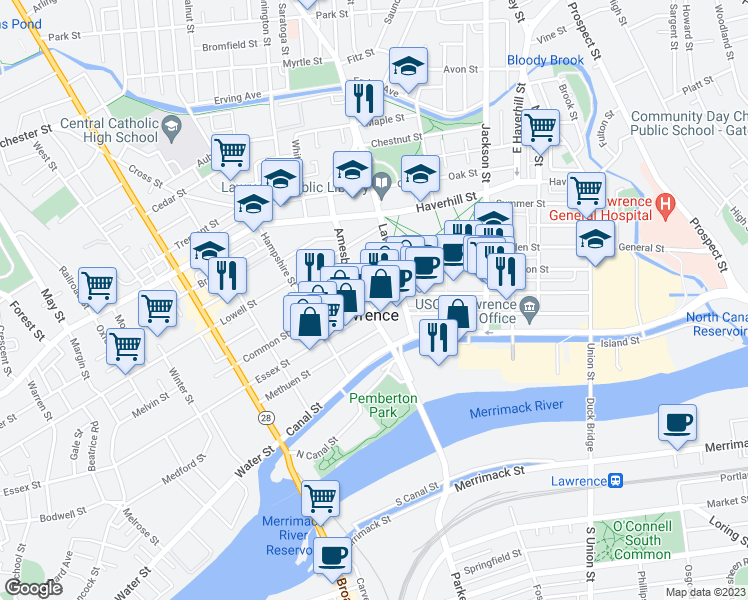 map of restaurants, bars, coffee shops, grocery stores, and more near 351 Essex Street in Lawrence