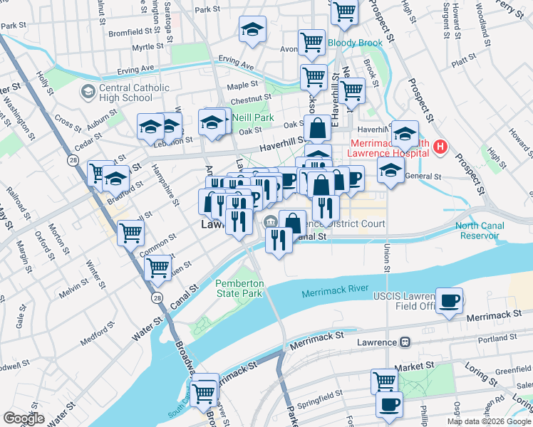 map of restaurants, bars, coffee shops, grocery stores, and more near 237 Essex Street in Lawrence