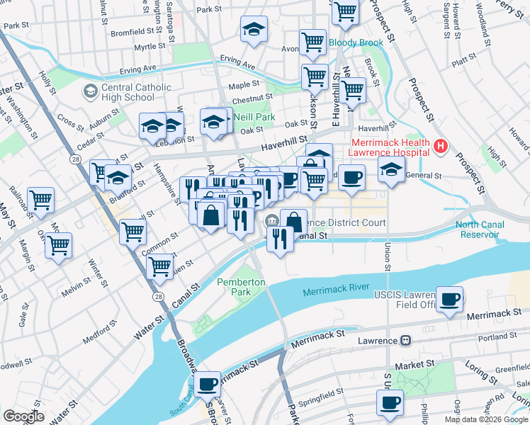 map of restaurants, bars, coffee shops, grocery stores, and more near in Lawrence