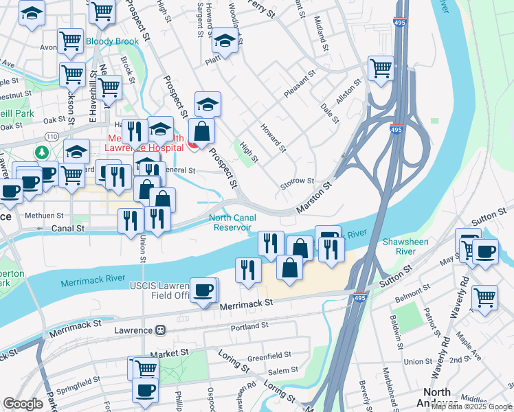 map of restaurants, bars, coffee shops, grocery stores, and more near 2 Marston Street in Lawrence