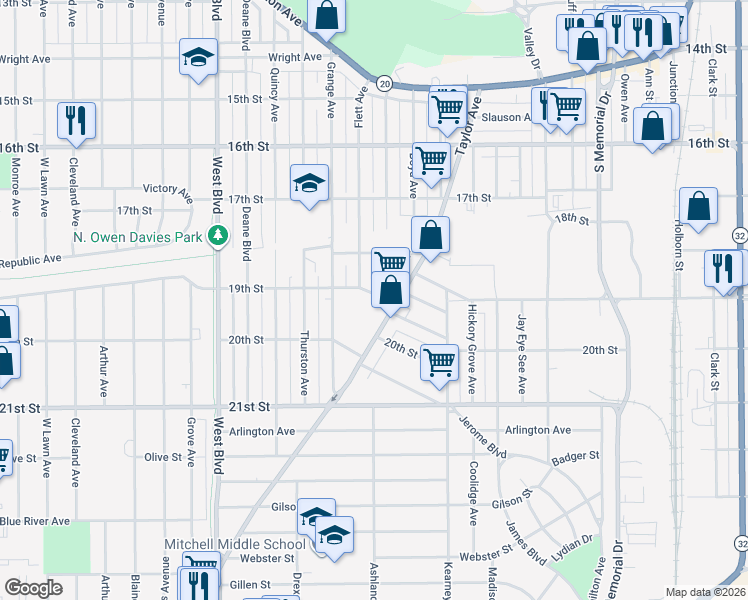 map of restaurants, bars, coffee shops, grocery stores, and more near 2510 19th Street in Racine