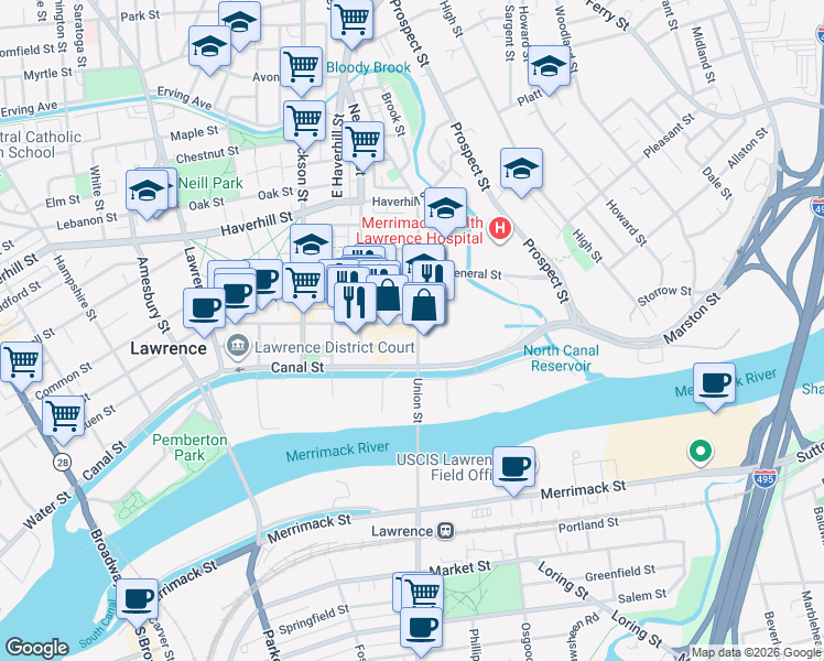 map of restaurants, bars, coffee shops, grocery stores, and more near 6 Essex Street in Lawrence
