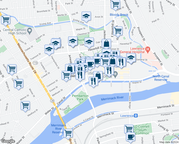 map of restaurants, bars, coffee shops, grocery stores, and more near 272 Essex Street in Lawrence