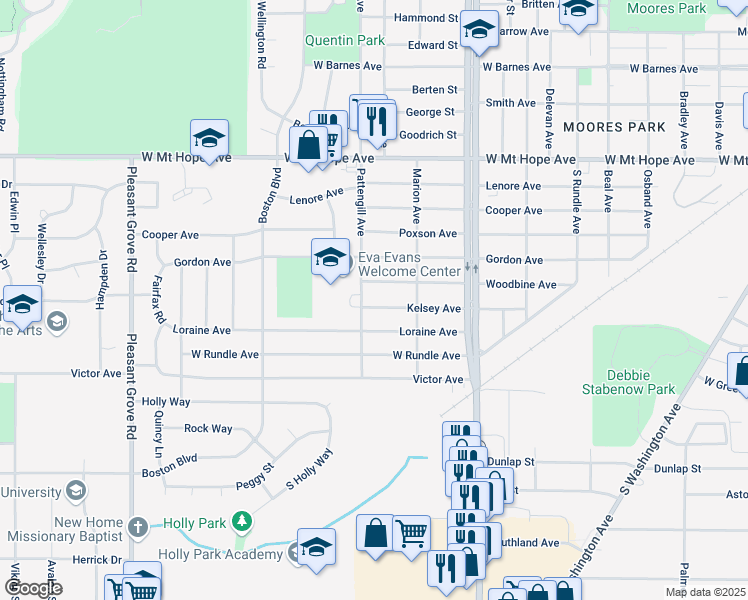 map of restaurants, bars, coffee shops, grocery stores, and more near 1407 Woodbine Avenue in Lansing