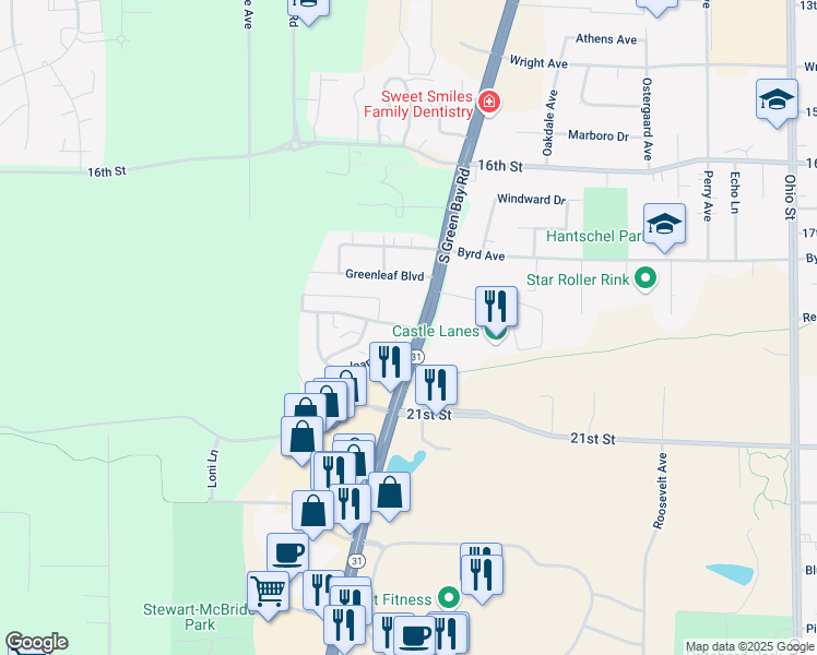 map of restaurants, bars, coffee shops, grocery stores, and more near 1922 South Green Bay Road in Mount Pleasant