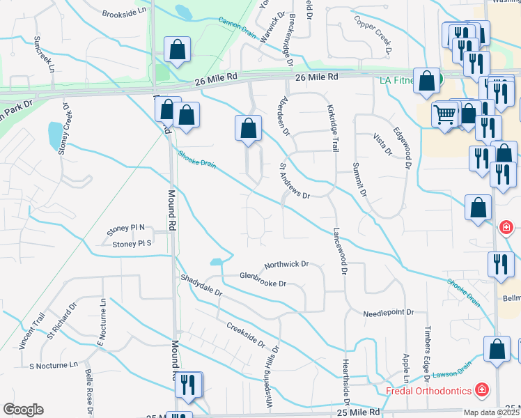 map of restaurants, bars, coffee shops, grocery stores, and more near 56247 Chianti Drive in Macomb County