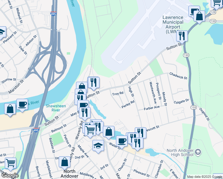 map of restaurants, bars, coffee shops, grocery stores, and more near 272 Sutton Street in North Andover