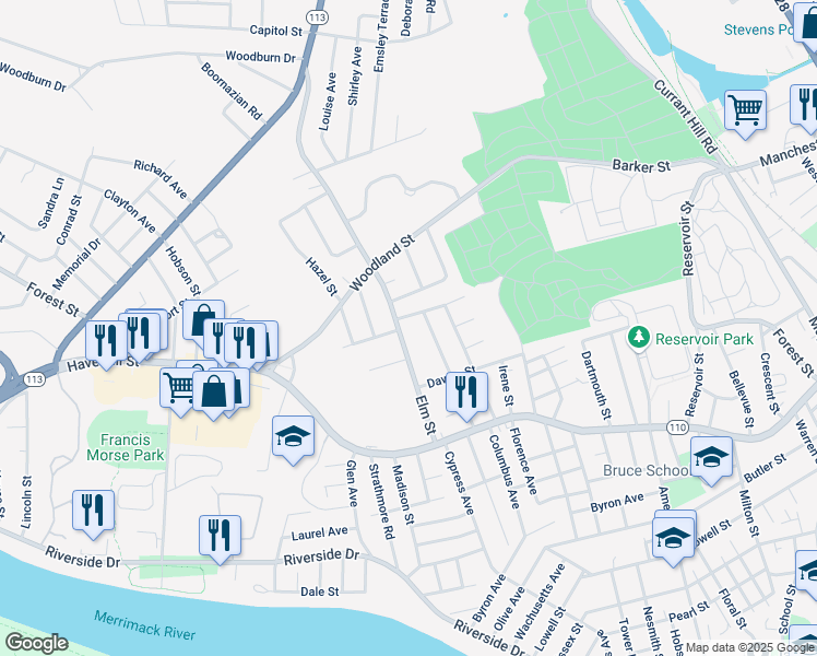 map of restaurants, bars, coffee shops, grocery stores, and more near 37 Elm Street in Methuen