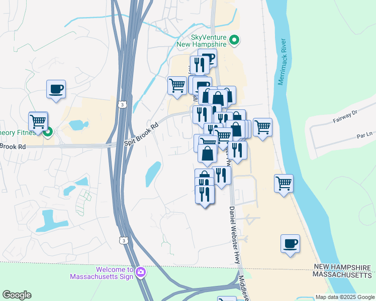 map of restaurants, bars, coffee shops, grocery stores, and more near 3 Silver Drive in Nashua