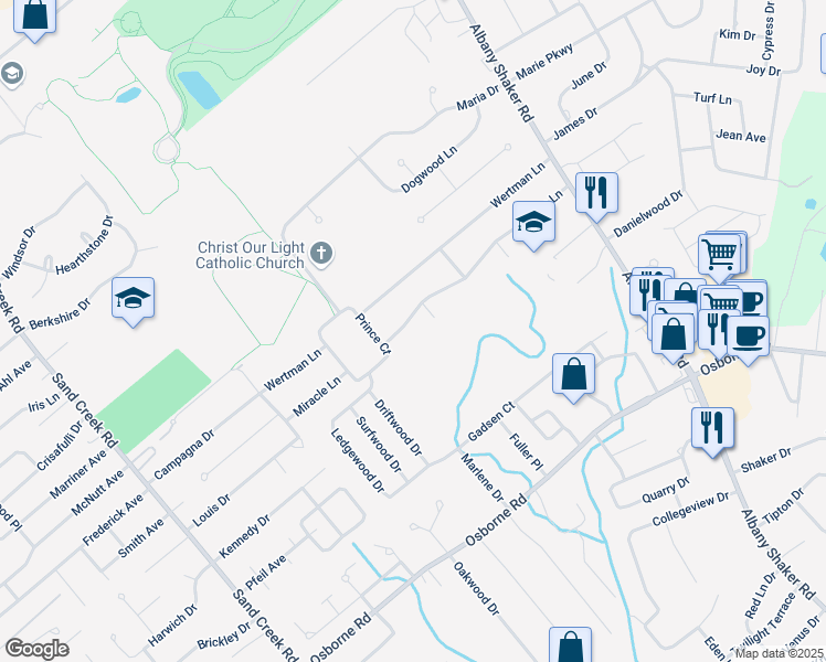 map of restaurants, bars, coffee shops, grocery stores, and more near 49 Miracle Lane in Albany