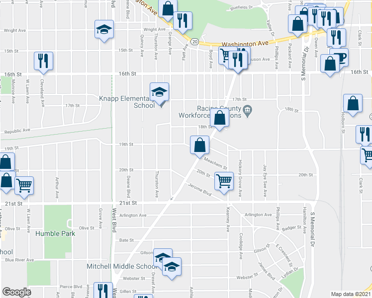 map of restaurants, bars, coffee shops, grocery stores, and more near 2510 19th Street in Racine