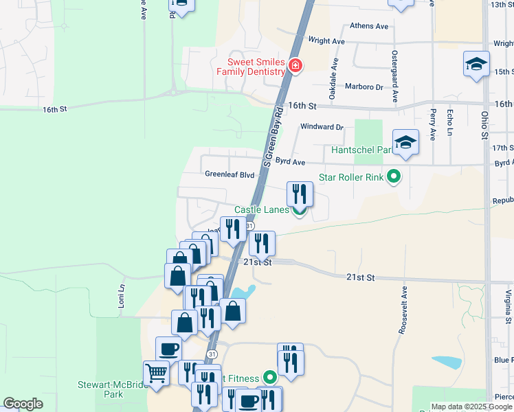 map of restaurants, bars, coffee shops, grocery stores, and more near 1922 South Green Bay Road in Mount Pleasant
