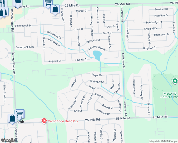 map of restaurants, bars, coffee shops, grocery stores, and more near 18068 Bayside Drive in Macomb