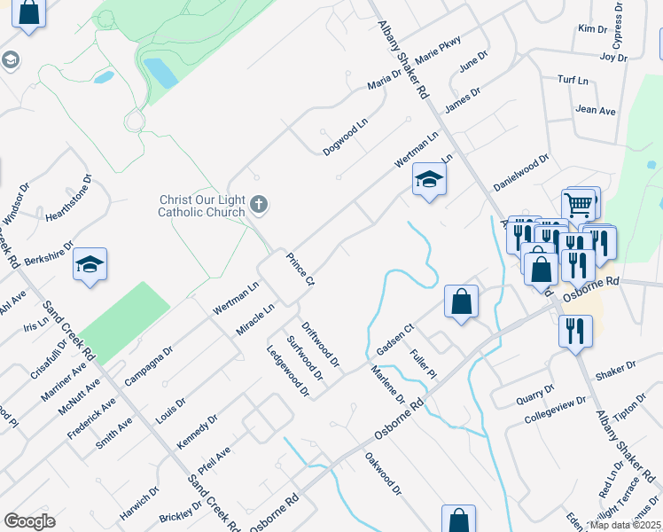 map of restaurants, bars, coffee shops, grocery stores, and more near 49 Miracle Lane in Albany