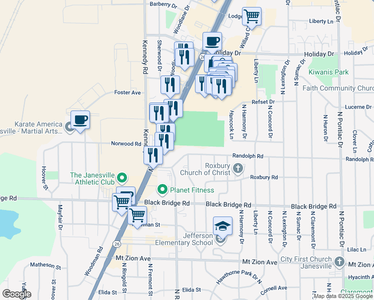 map of restaurants, bars, coffee shops, grocery stores, and more near 1639 Randolph Road in Janesville