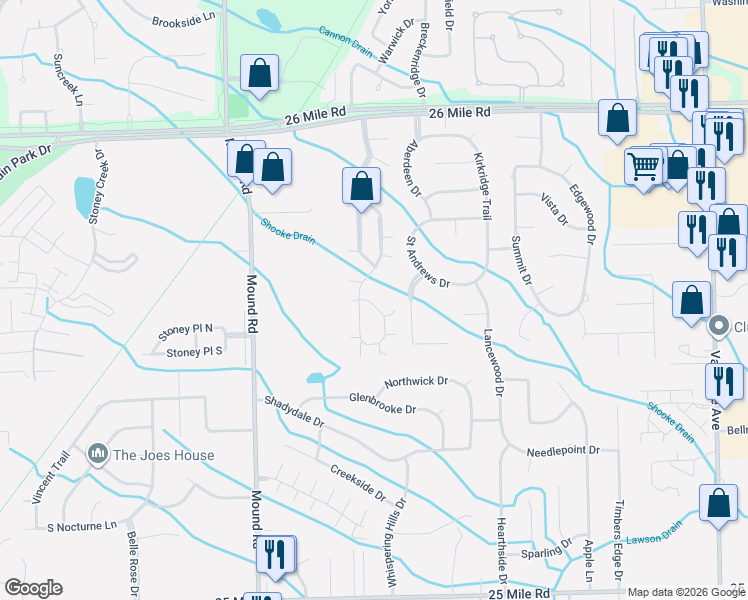 map of restaurants, bars, coffee shops, grocery stores, and more near 56247 Chianti Drive in Macomb County