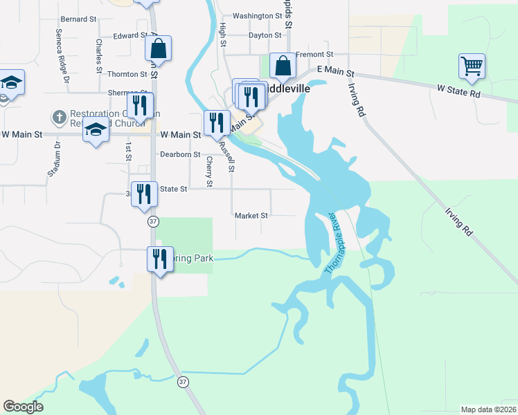 map of restaurants, bars, coffee shops, grocery stores, and more near 41 State Street in Middleville