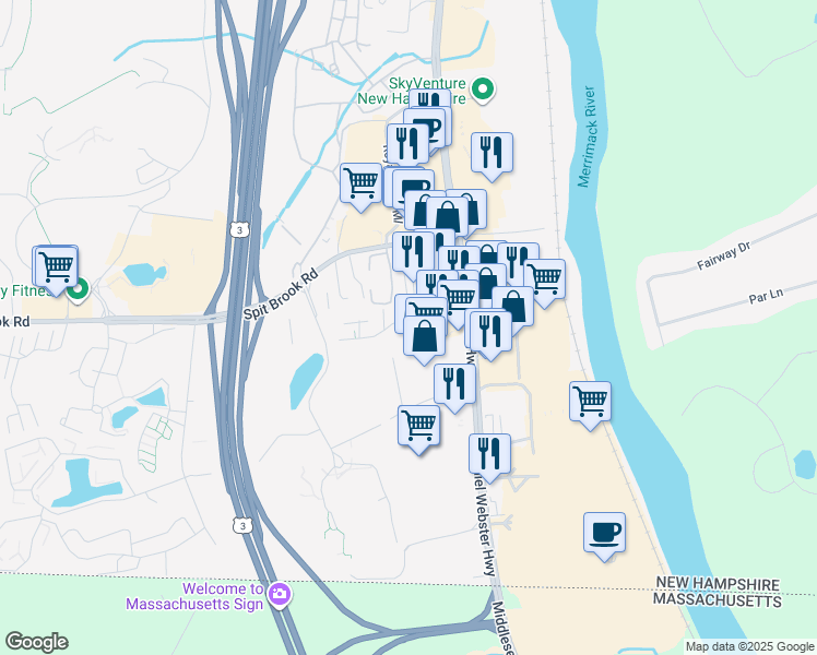 map of restaurants, bars, coffee shops, grocery stores, and more near 2 Silver Drive in Nashua