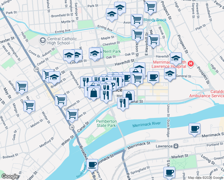 map of restaurants, bars, coffee shops, grocery stores, and more near 9 Lawrence Street in Lawrence