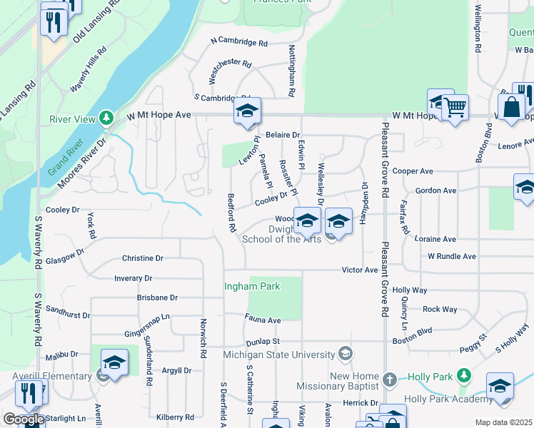 map of restaurants, bars, coffee shops, grocery stores, and more near 2917 Cooley Drive in Lansing
