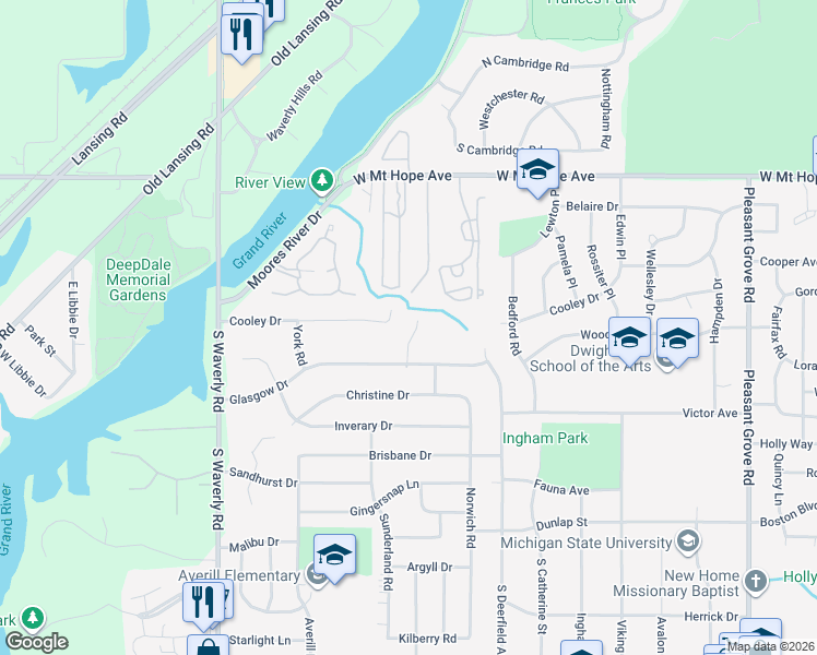 map of restaurants, bars, coffee shops, grocery stores, and more near 2410 Skye Road in Lansing