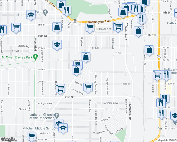 map of restaurants, bars, coffee shops, grocery stores, and more near 2319 De Koven Avenue in Racine