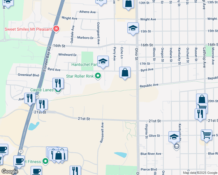 map of restaurants, bars, coffee shops, grocery stores, and more near 1857 Roosevelt Avenue in Racine
