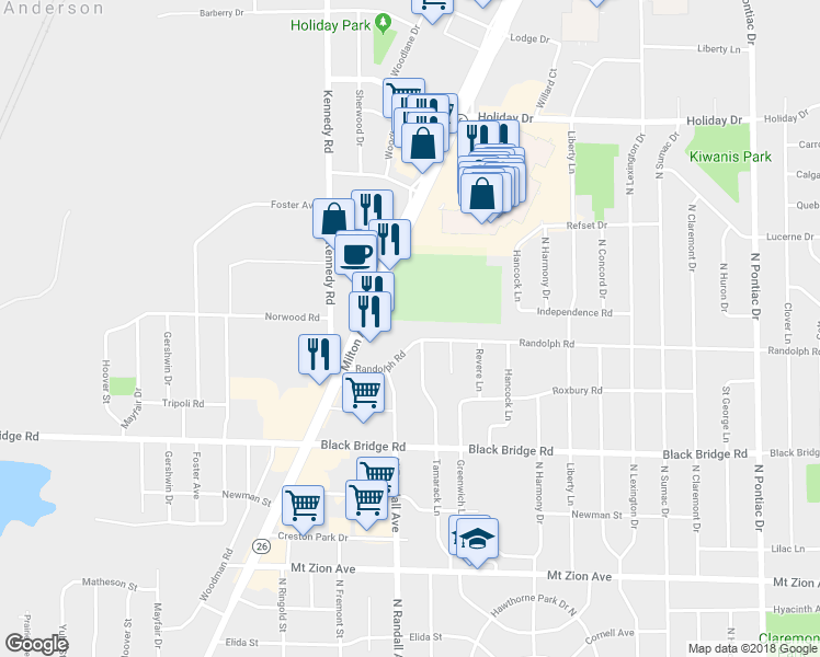 map of restaurants, bars, coffee shops, grocery stores, and more near 1639 Randolph Road in Janesville